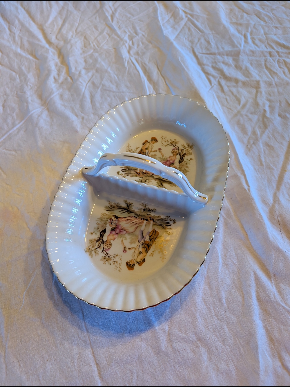 2/50$ White Porcelain Two-Compartment Decorative Serving Dish with Gold Trim